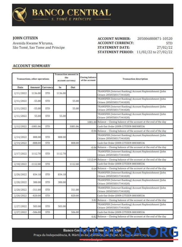 Printable Sao Tome and Principe Banco Central de S.Tome e Principe bank statement excel download for verification
